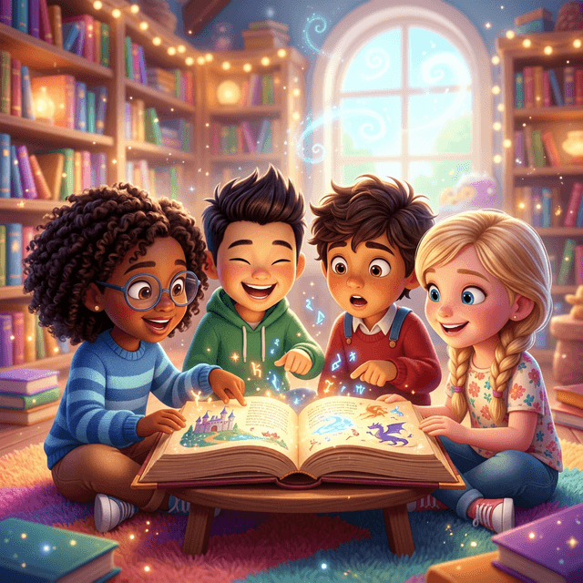 Enfants lisant un livre magique